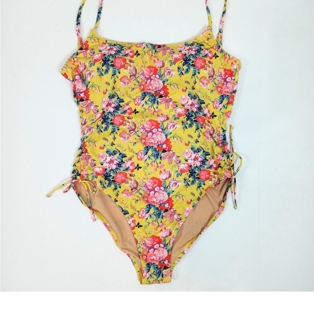 NWT J Crew Liberty Yellow Floral Ruched Side One-Piece Swimsuit  Size 14
